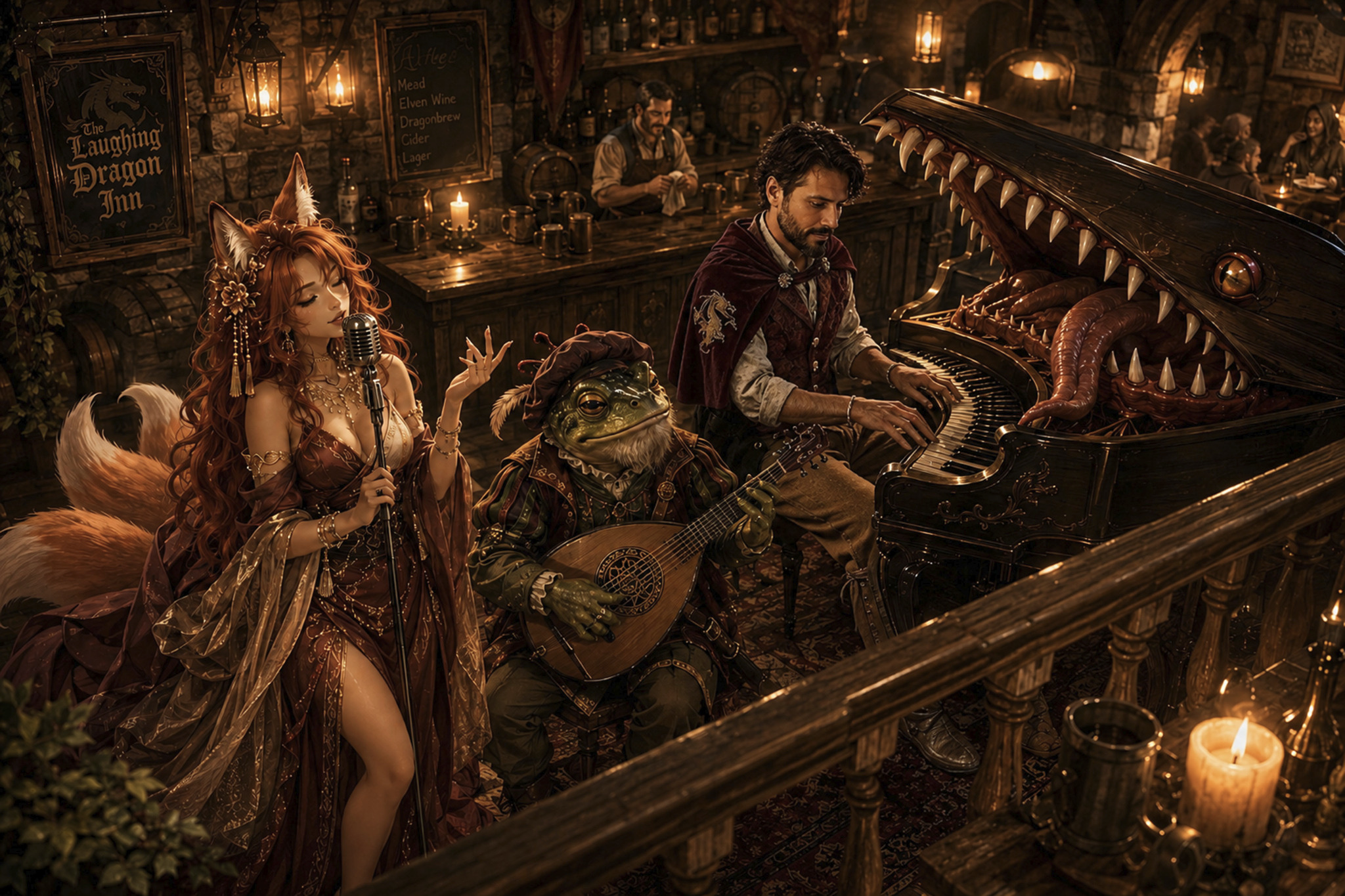 Ember, William and Jean performing inside the Laughing Dragon Inn